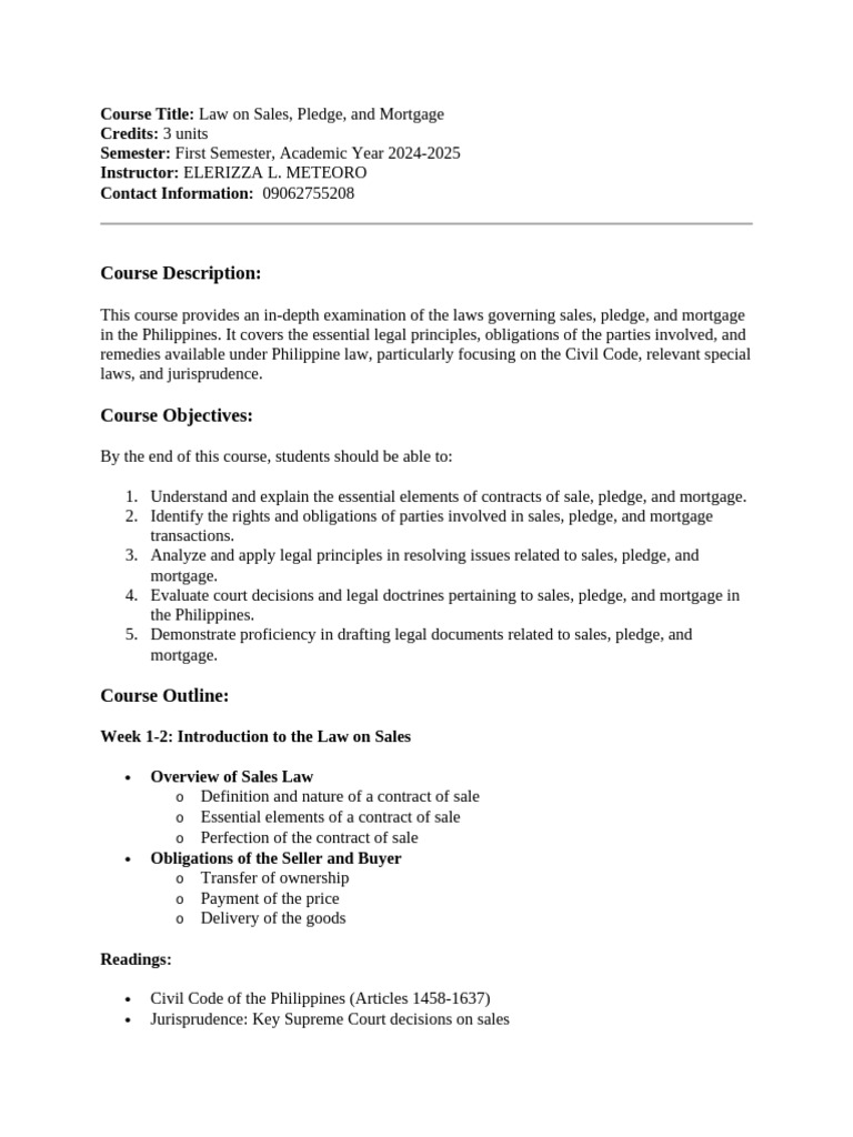 Law on Sales, Pledge, and Mortgage Course | PDF | Mortgage Law ...