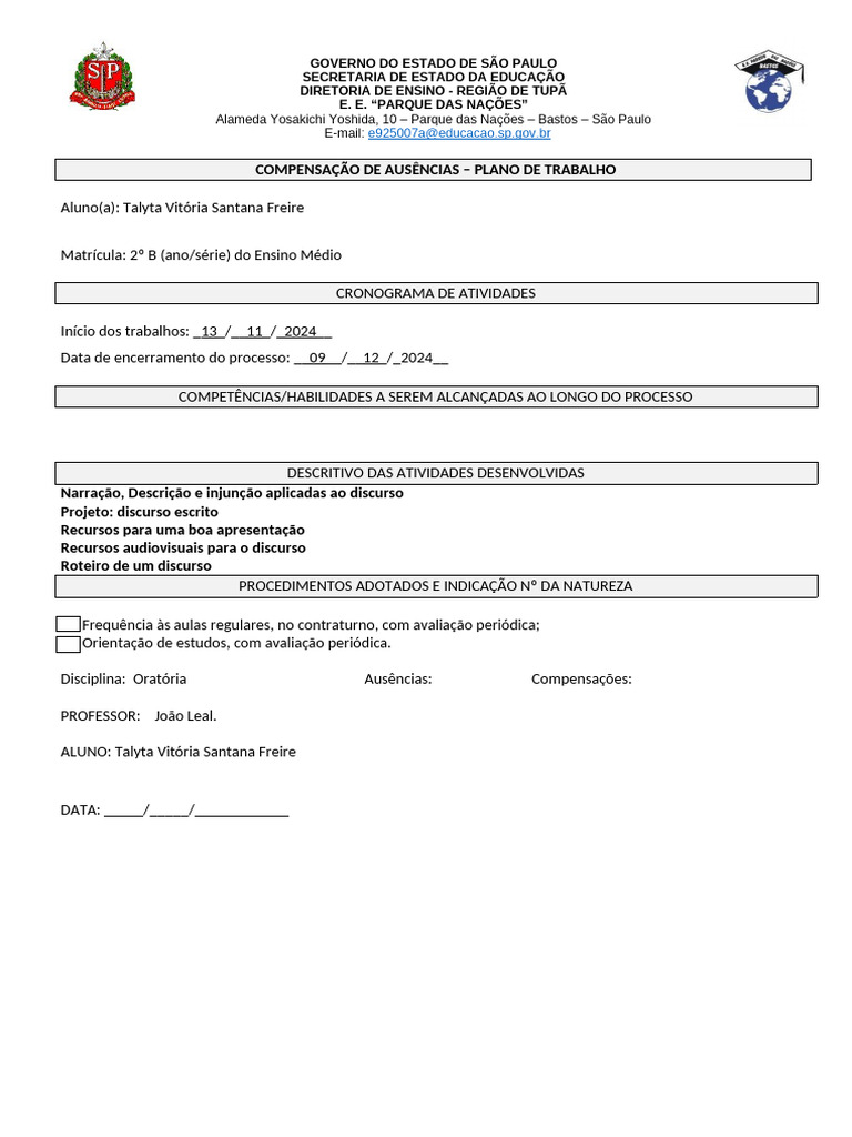 talyta oratória 2ºB FICHA DE COMPENSAÇÃO DE AUSÊNCIAS 10.11 | PDF