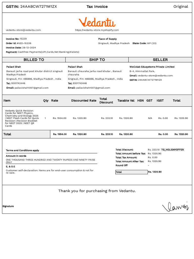 Vedantu NEET Flash Cards Invoice | PDF | Taxation | Government Finances