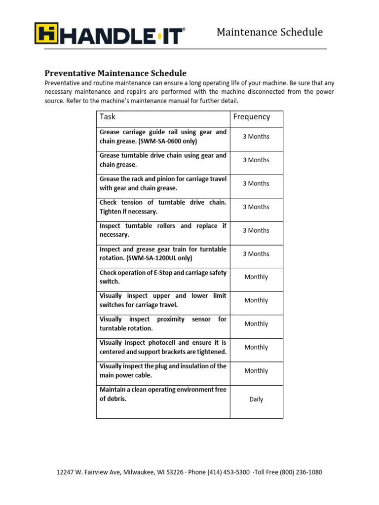 SWM Preventative Maintenance Schedule | PDF | Manufactured Goods ...