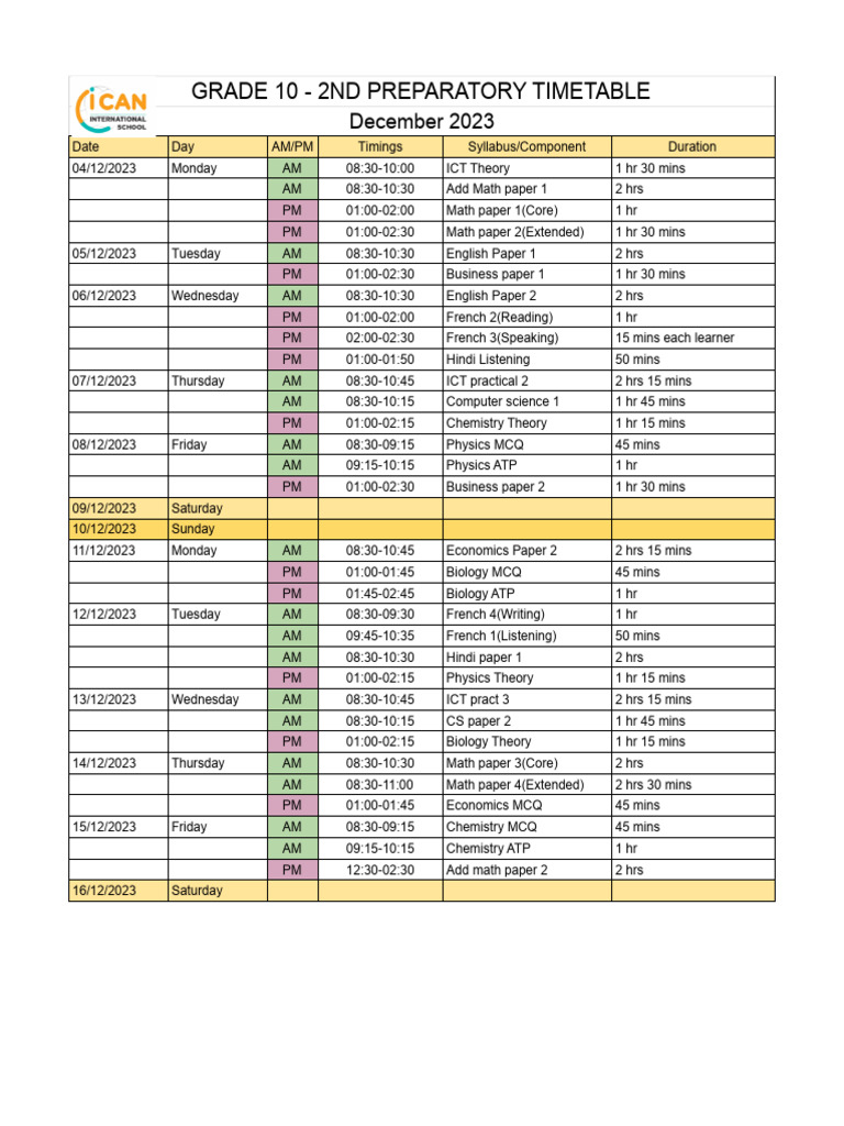 Grade 10 December 2023 Exam Timetable | PDF