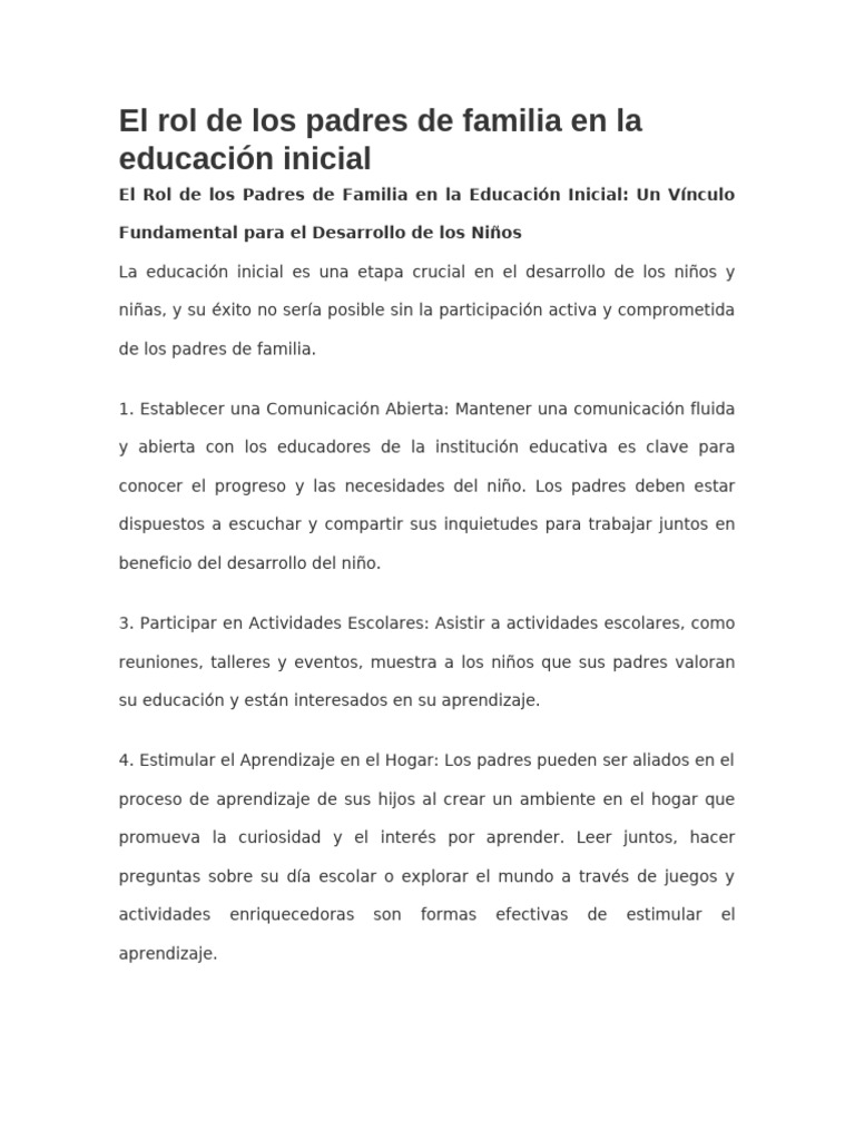 El Rol de Los Padres de Familia en La Educación Inicial | PDF
