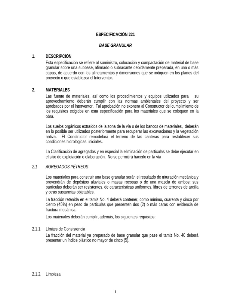 Especificación de Base Granular 221 | PDF