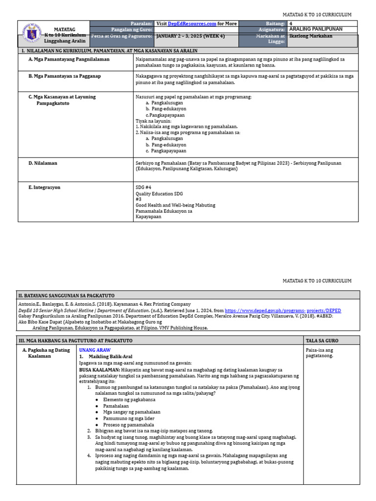 DLL Matatag - Araling Panlipunan 4 q3 w4 | PDF
