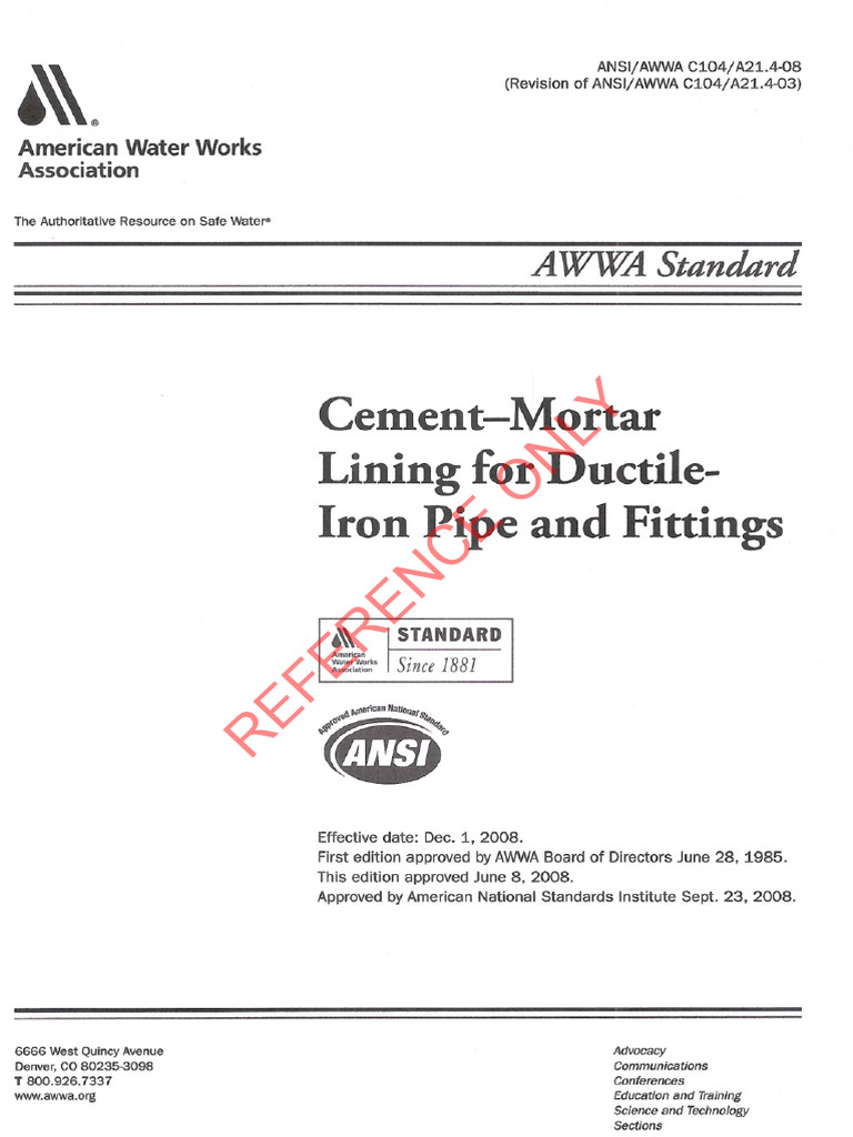 C104-2008 - Cement-Mortar Lining for Ductile-Iron Pipe and Fittings | PDF