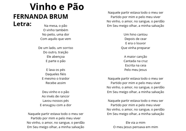 FERNANDA BRUM - LETRA DA MÚSICA 'Vinho e Pão' | PDF