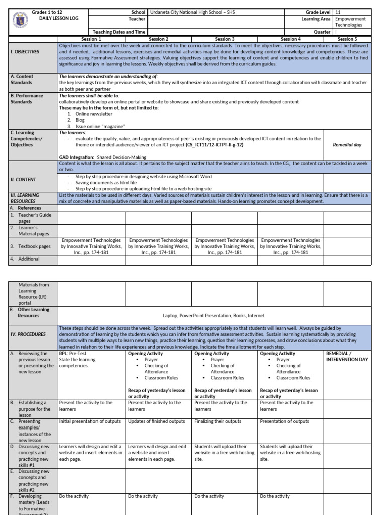 Daily Lesson Log for Empowerment Tech | PDF | Educational Technology ...