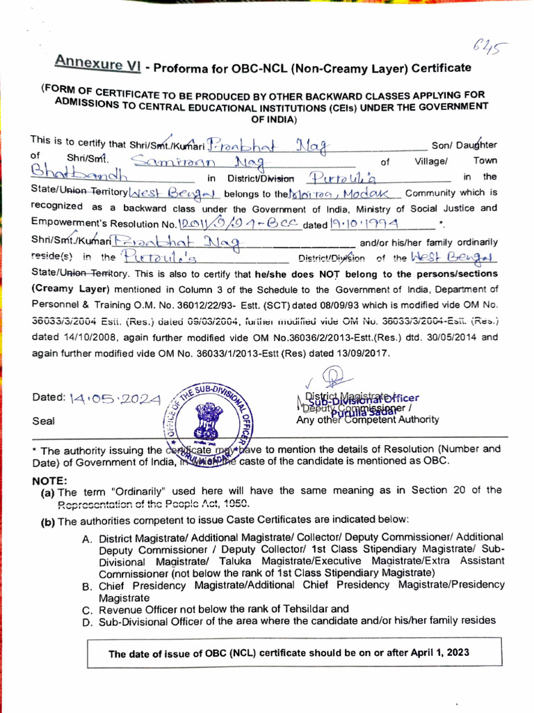 OBC-NCL Certificate Proforma Guidelines | PDF | Politics Of India ...