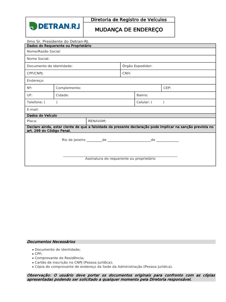 Mudança de Endereço no Detran-RJ | PDF