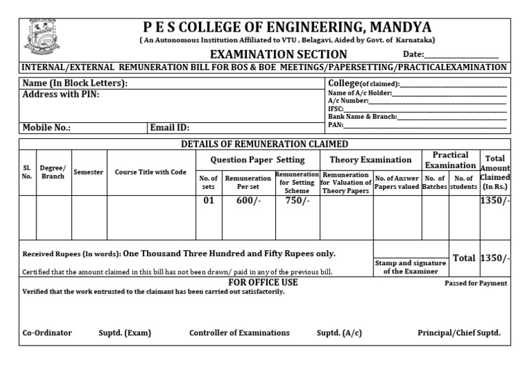 Remuneration Bill for Exam Duties | PDF