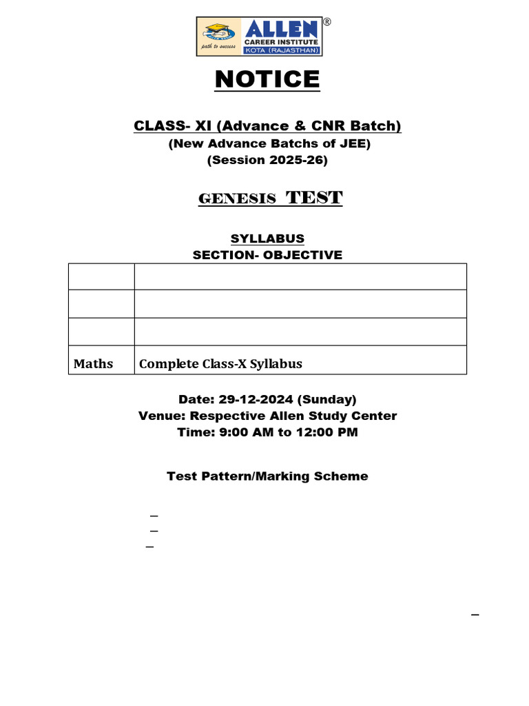 JEE Genesis Test Notice for Class XI | PDF