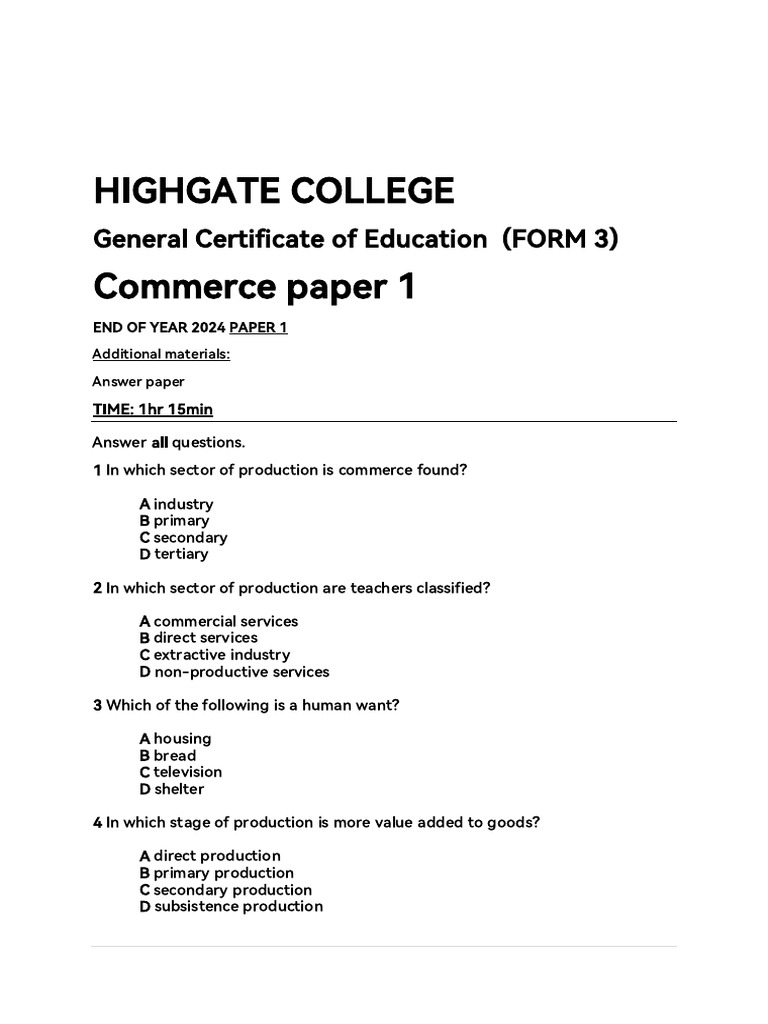 Form 3 Commerce Paper 1 2024 | PDF | Public Company | Marketing
