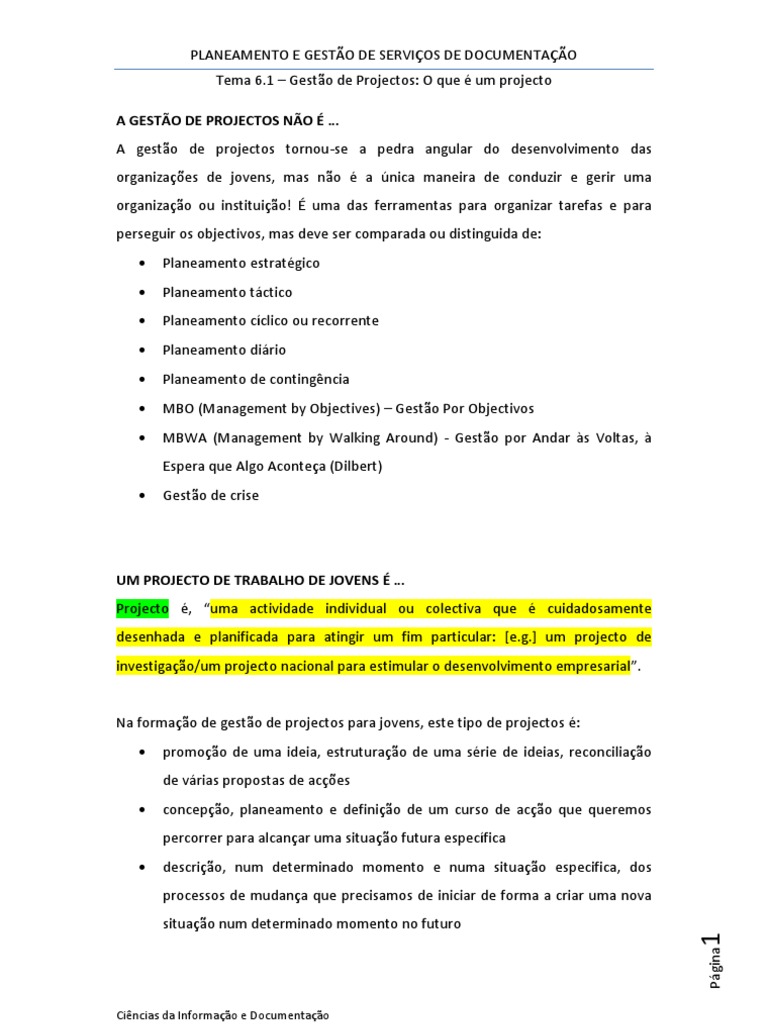 Tema 6.1 – Gestão de Projectos_O que é um projecto | PDF | Gestão de ...