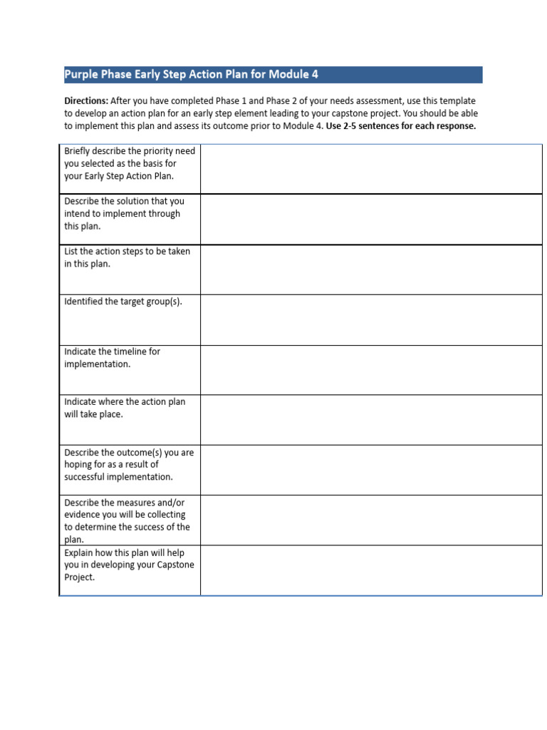 Worksheet - Early Step Action Plan | PDF