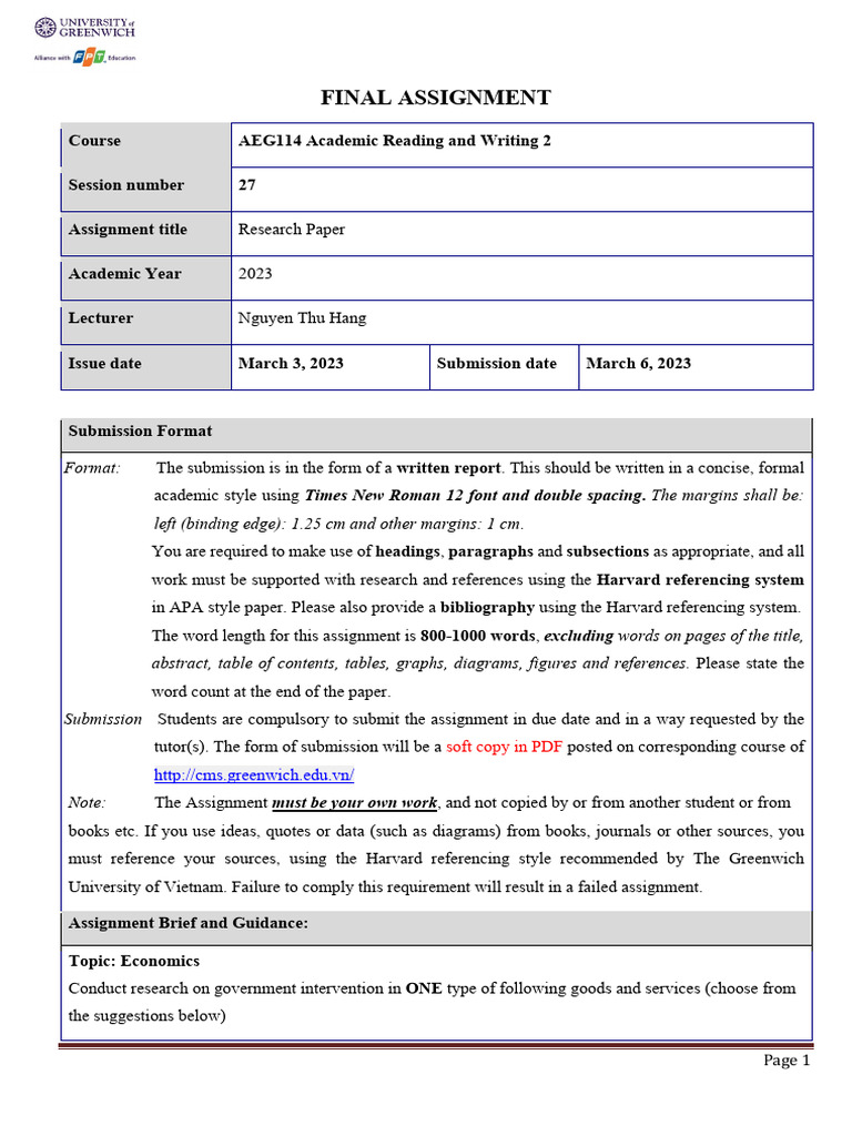 AEG114 - Final Assignment Brief - SPR23P1 | PDF | Essays | Books