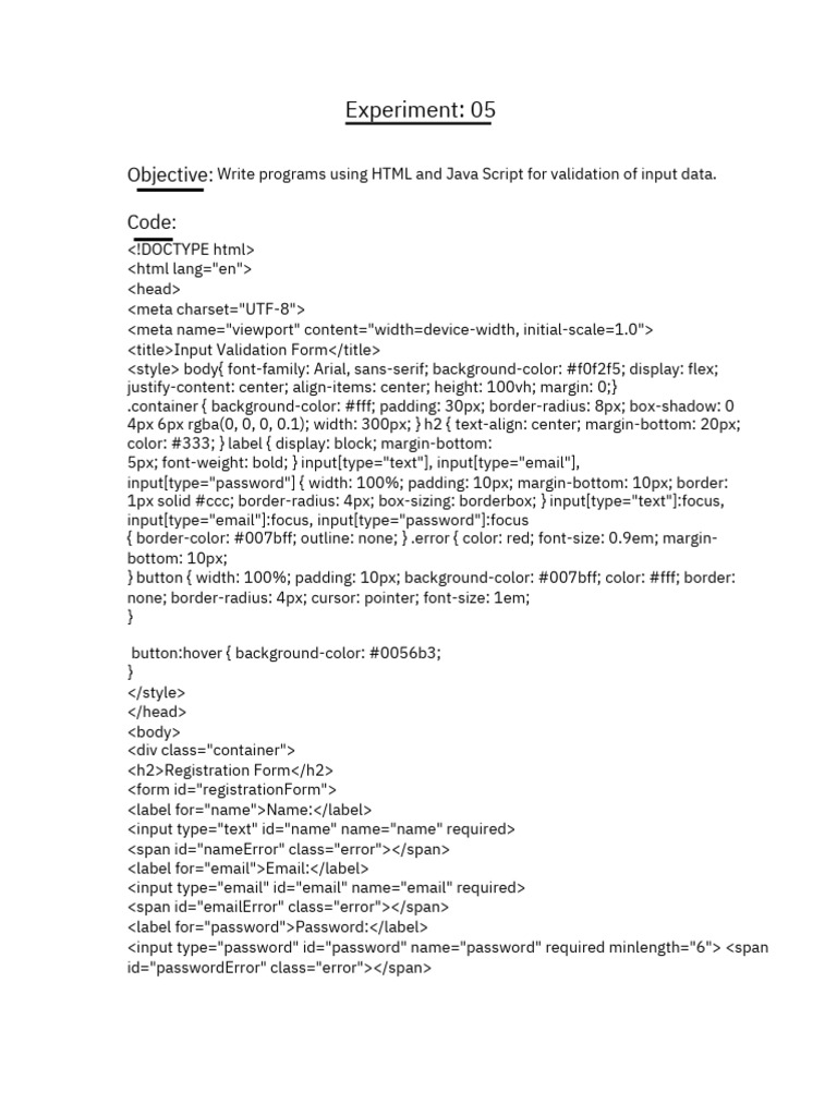 HTML JavaScript Input Validation Form | PDF | Computing | Computer ...