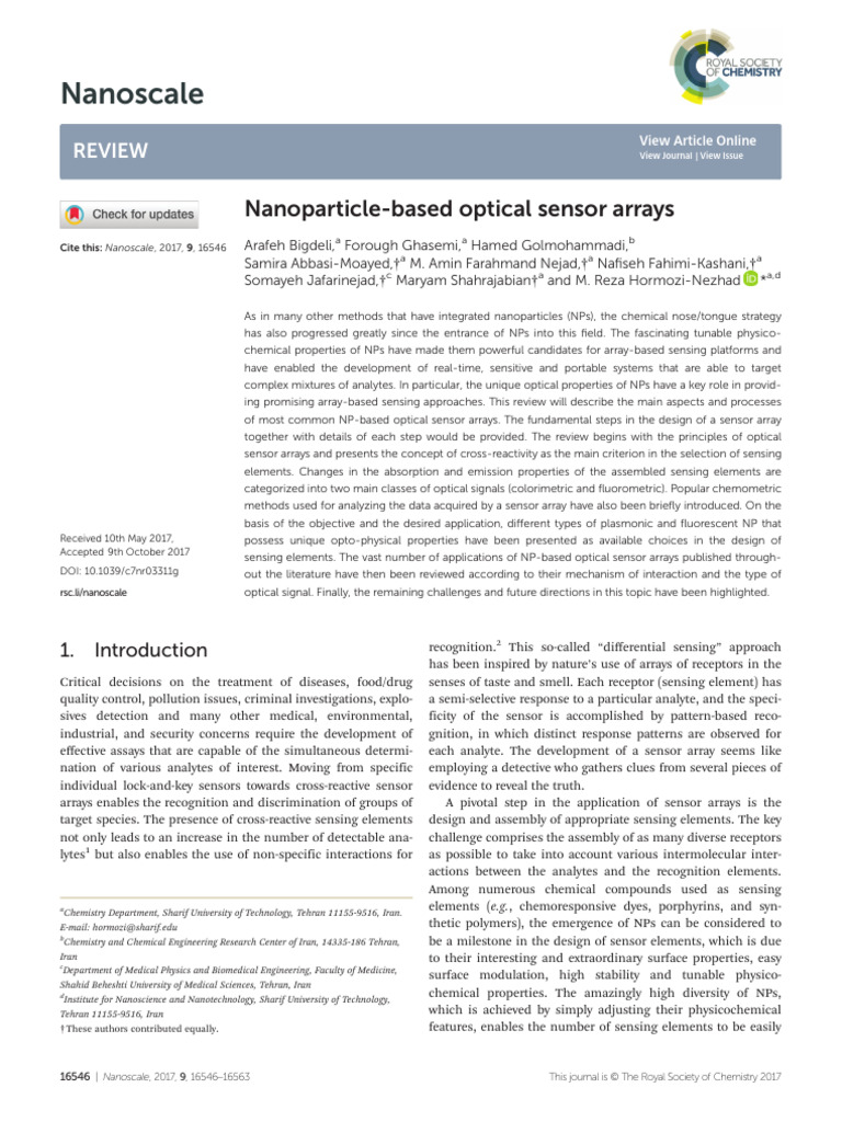 Nanoparticle-Based Optical Sensor Arrays | PDF | Sensor | Nanotechnology