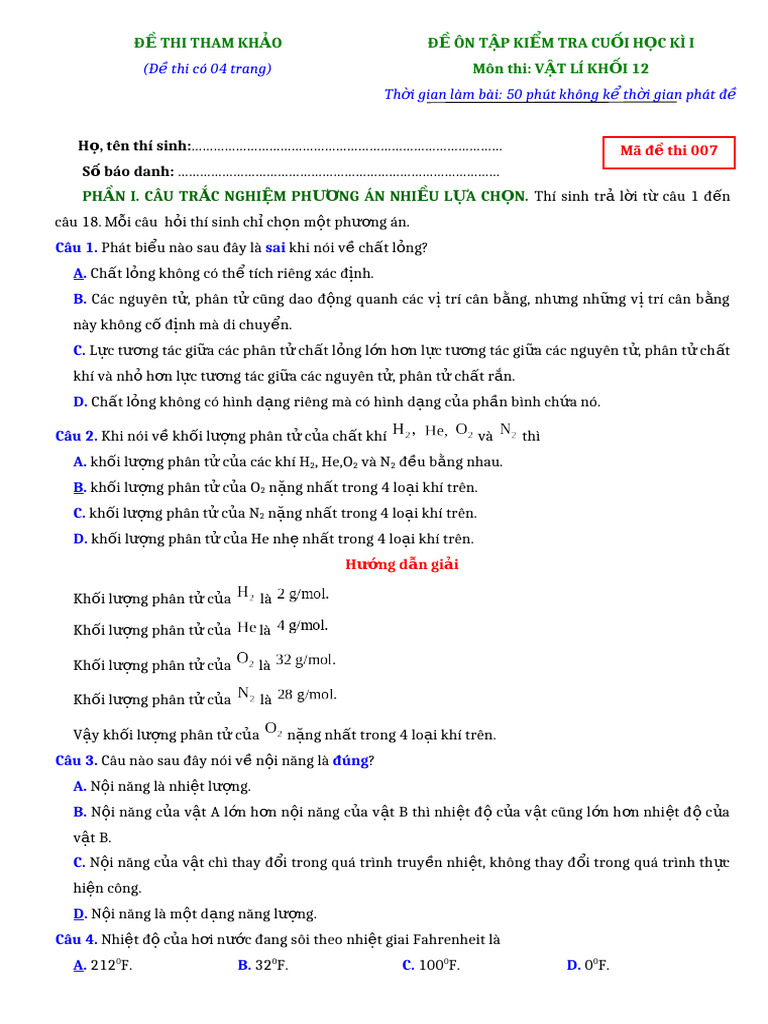 Đề Thi Cuối Kì I Vật Lí 12 Đề 7 Bản Giáo Viên | PDF