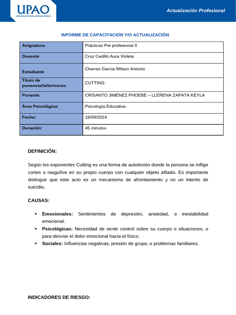 Cutting | PDF | Autolesiones | Ciencias del comportamiento