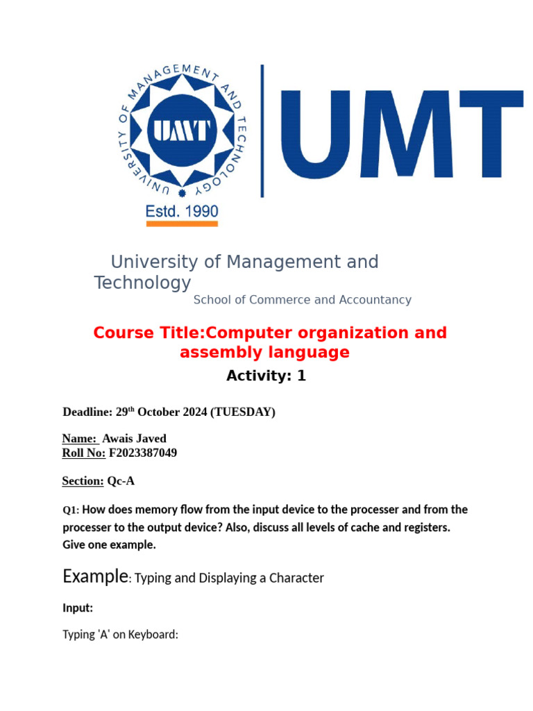 Awais Javed F2023387049 Assembly | PDF | Cpu Cache | Input/Output