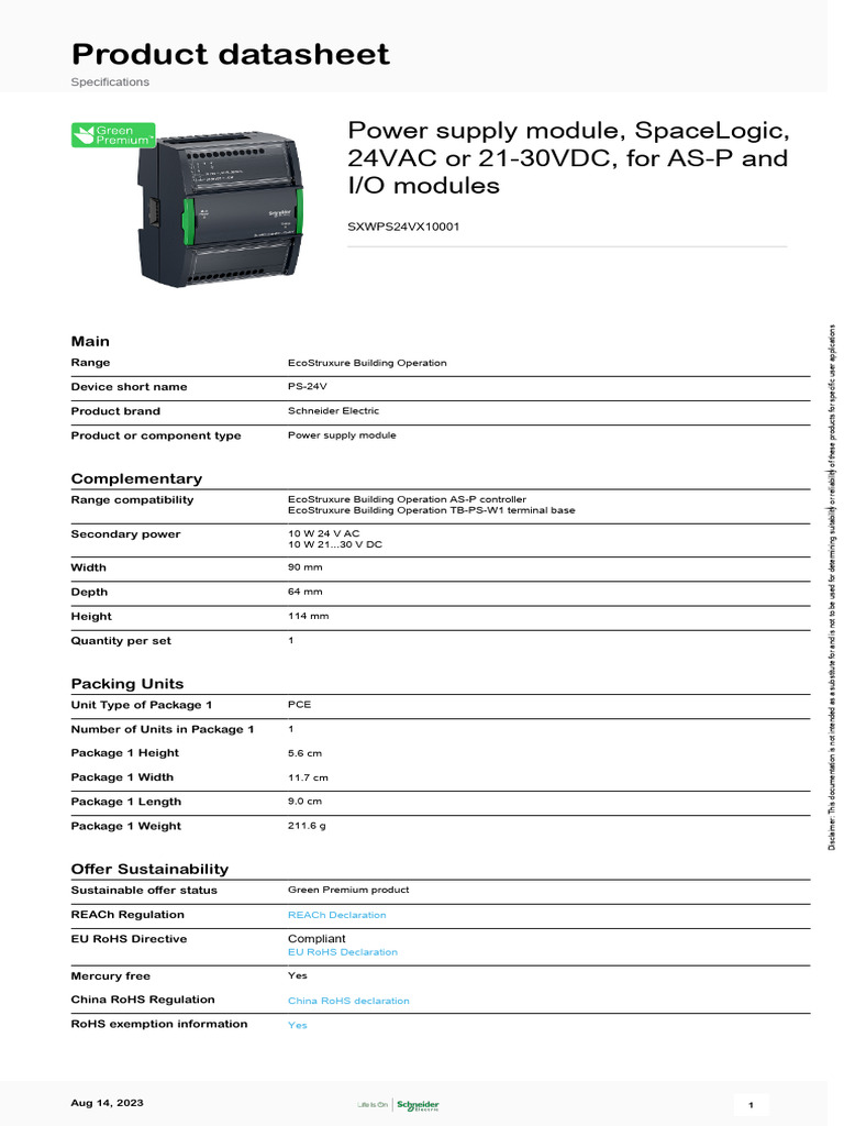 SpaceLogic PS-24V Power Supply Datasheet | PDF