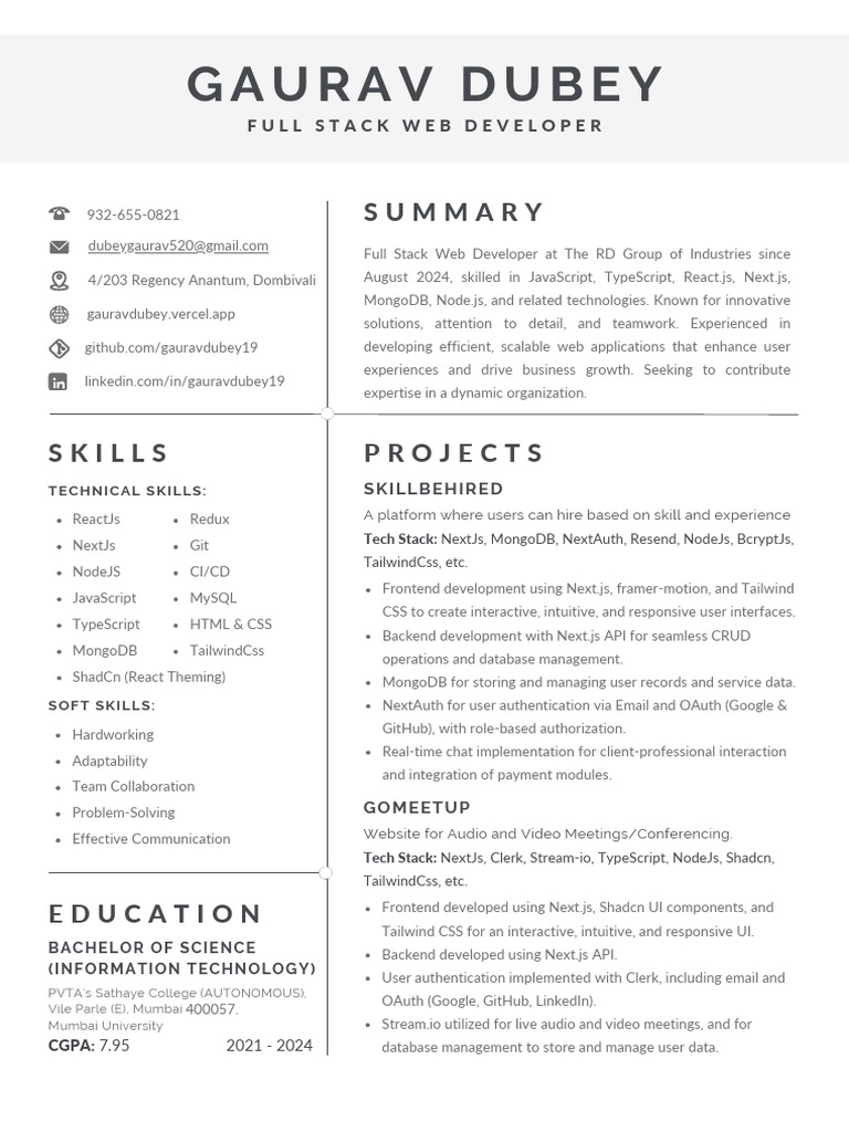 Gaurav Dubey: Full Stack Developer Profile | PDF | Computing ...