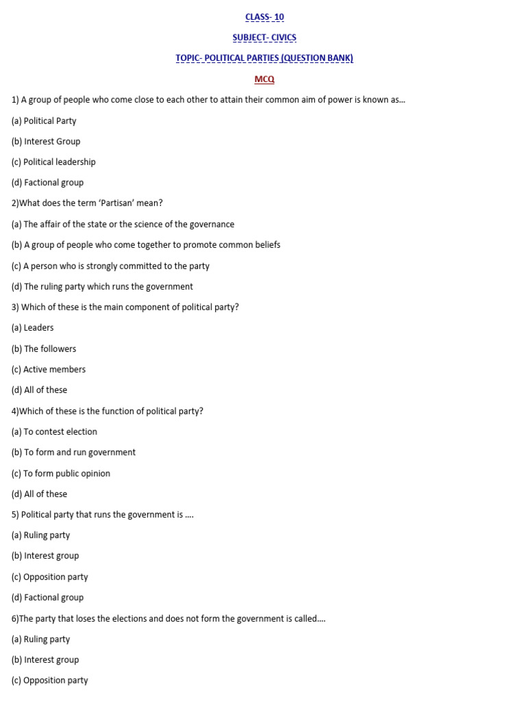CLASS - 10 Question Bank of Political Parties-WPS Office | PDF ...