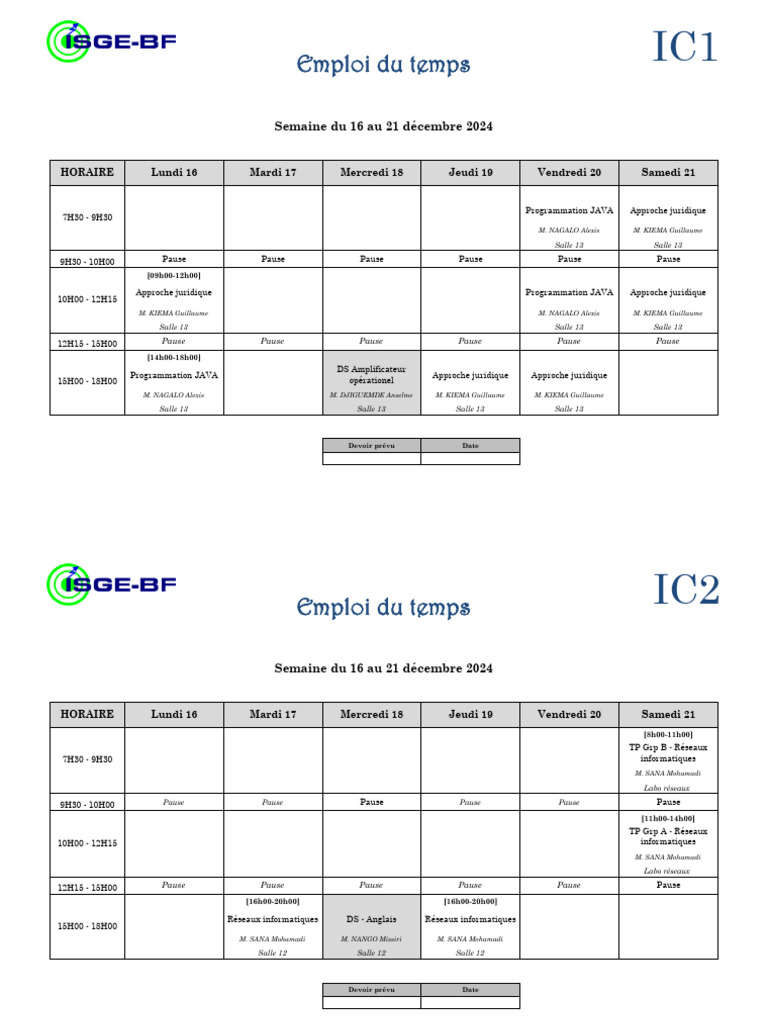 Emploi du temps des cours IC1 à IC3 | PDF