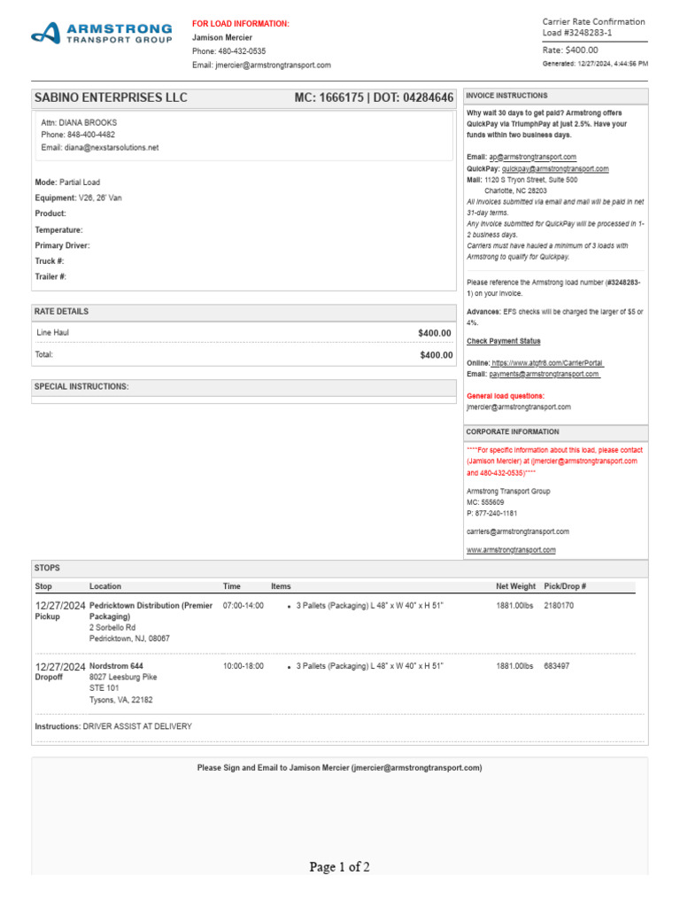 RateConfirmation - 3248283-1 | PDF | Cargo | Freight Transport