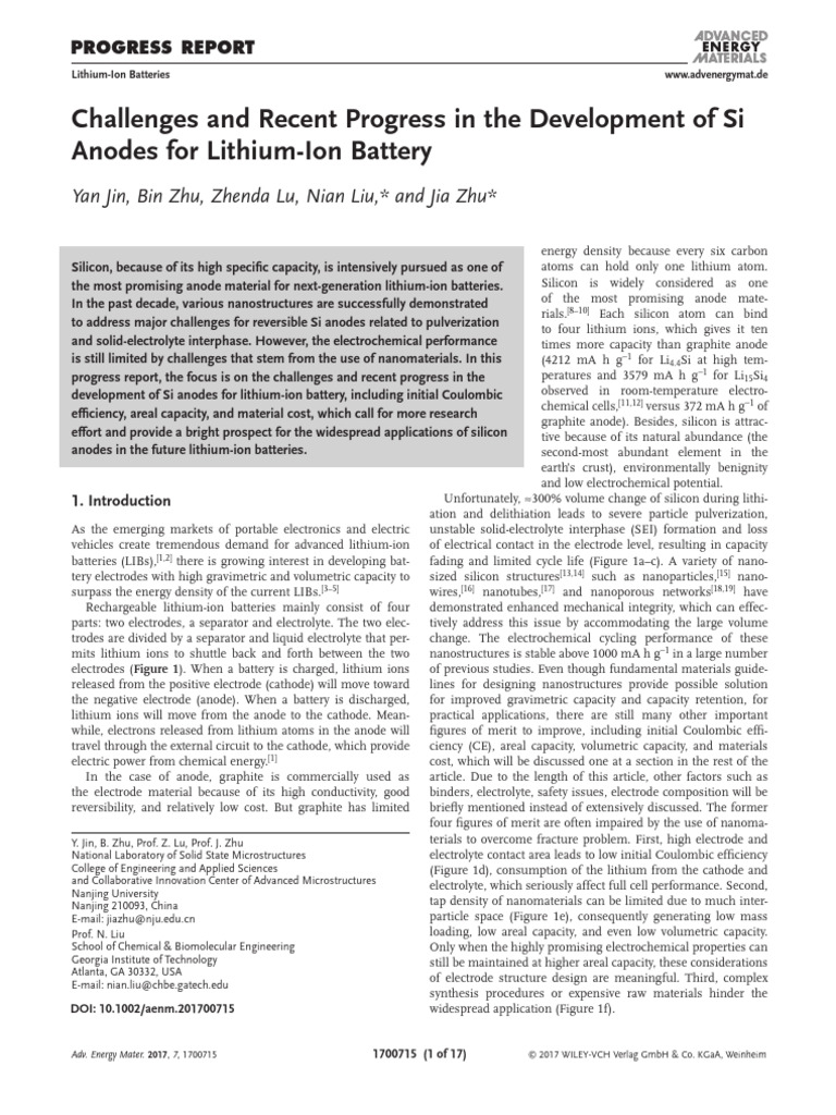 Si Anodes: Progress & Challenges | PDF | Lithium Ion Battery | Electrode