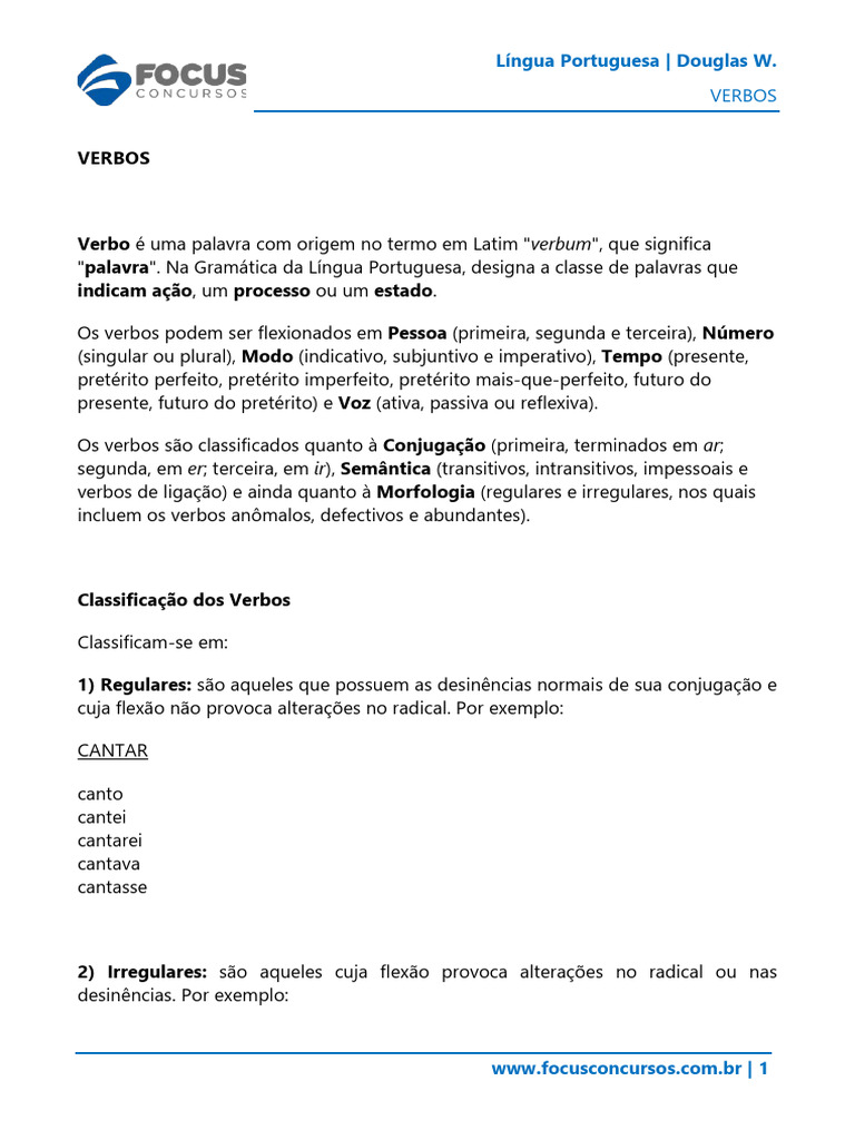 Classificação e Tipos de Verbos em Português | PDF | Assunto (gramática ...