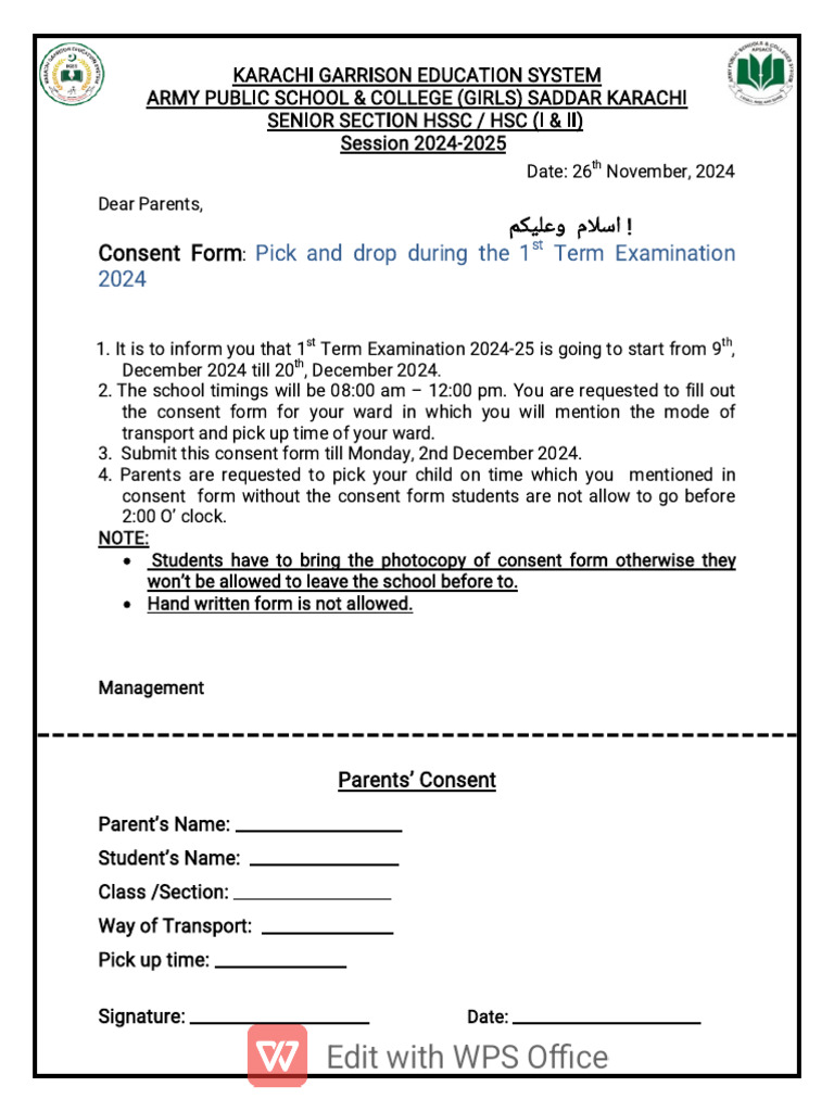 Consent Form For 1st Term Pick and Drop Nov 26, 2024 | PDF