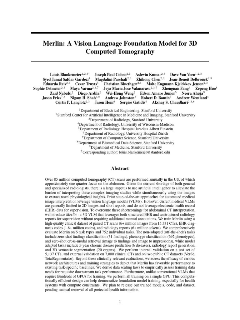 Merlin: A Vision Language Foundation Model For 3D Computed Tomography ...