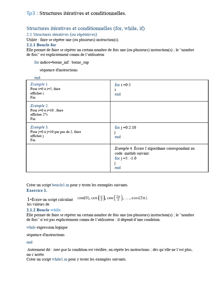 Structures itératives et conditionnelles en MATLAB | PDF | Structure de ...