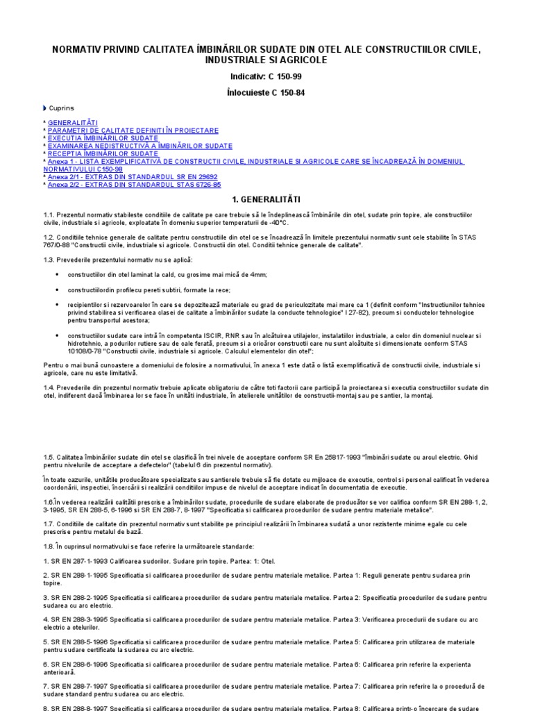 C150 99 Normativ Privind Calitatea Imbinarilor Sudate Din Otel Ale Constructiilor Civile Ale Si Agricole