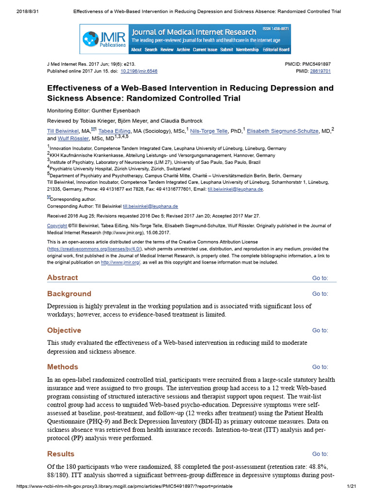 Effectiveness of A Web-Based Intervention in Reducing Depression and ...