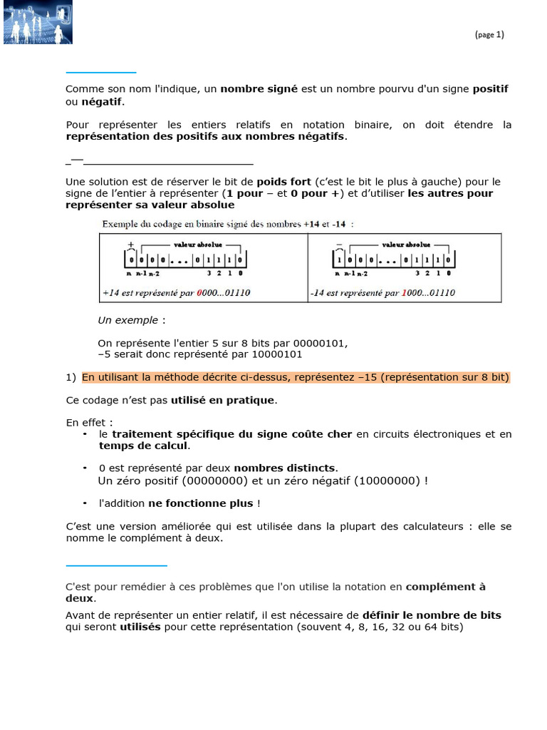 Représentation binaire des entiers relatifs | PDF | Informatique ...
