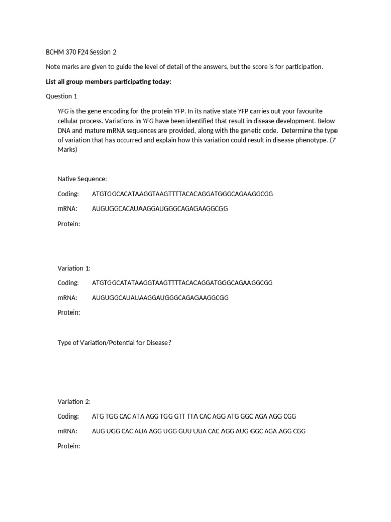BCHM 370 F24 Session 2 Questions | PDF | Proteins | Messenger Rna