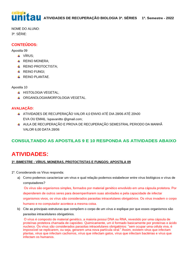UNITAU ATIVIDADE DE RECUPERACAO 1O. SEMESTRE 3A. SERIE - 2022 Acabado ...