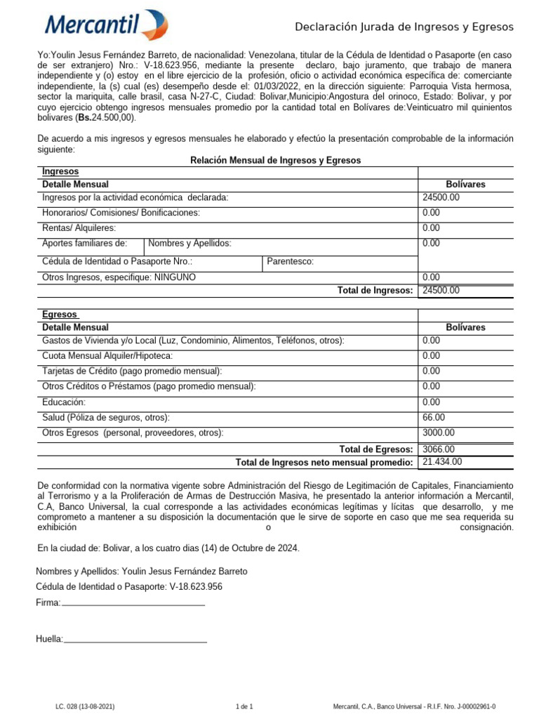 Declaración Jurada de Ingresos 2024 | PDF | Documento de identidad