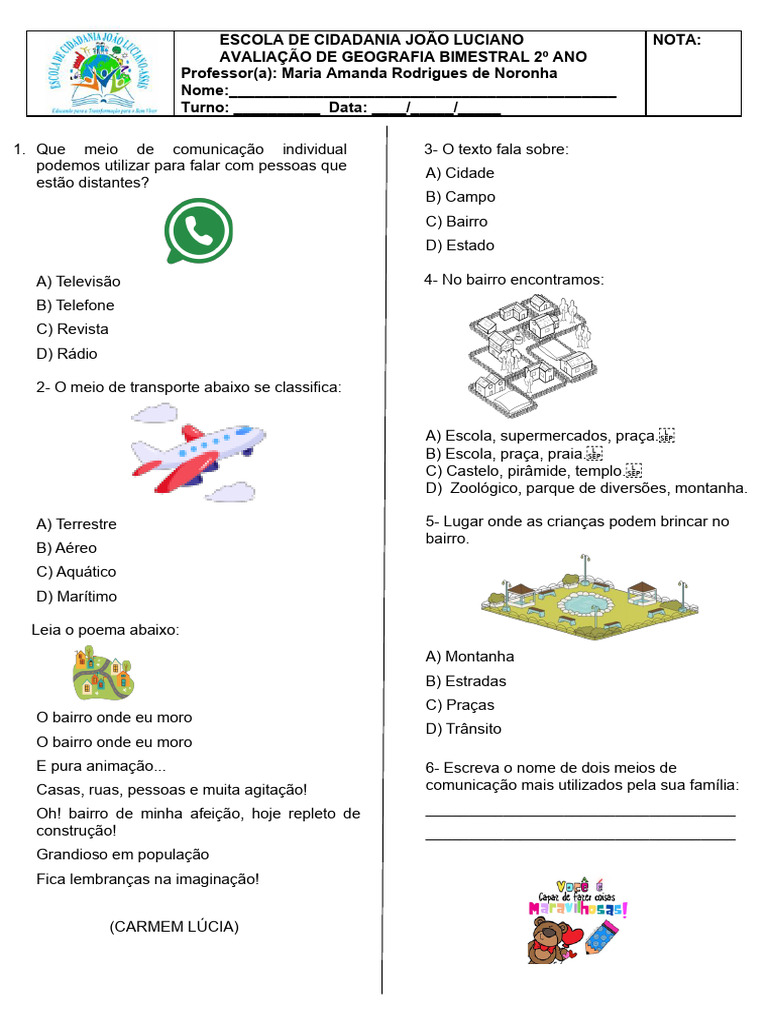 Avaliação de Geografia 2º Ano | PDF