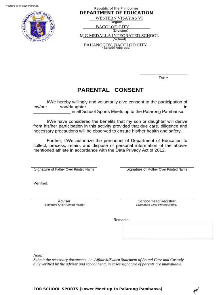 Parental Consent for School Sports Participation | PDF