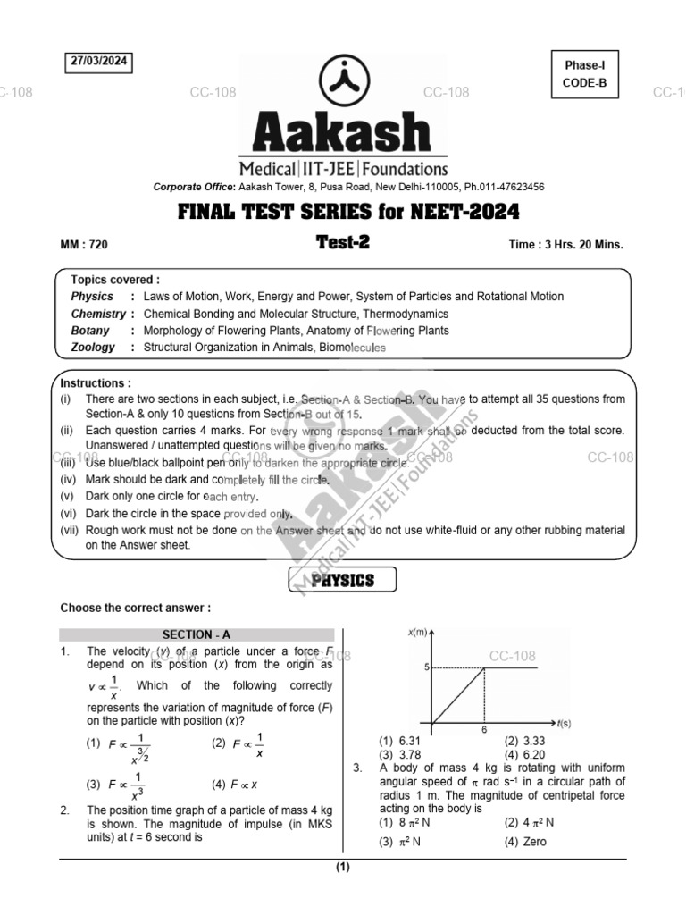 NEET-2024 Final Test Series: Test-2 | PDF | Force | Momentum