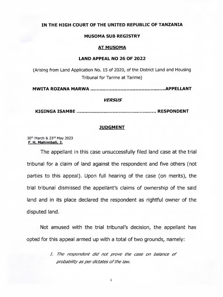 Mwita Rozana Marwa vs Kiginga Isambe (Land Appeal 26 of 2022) 2023 TZHC ...