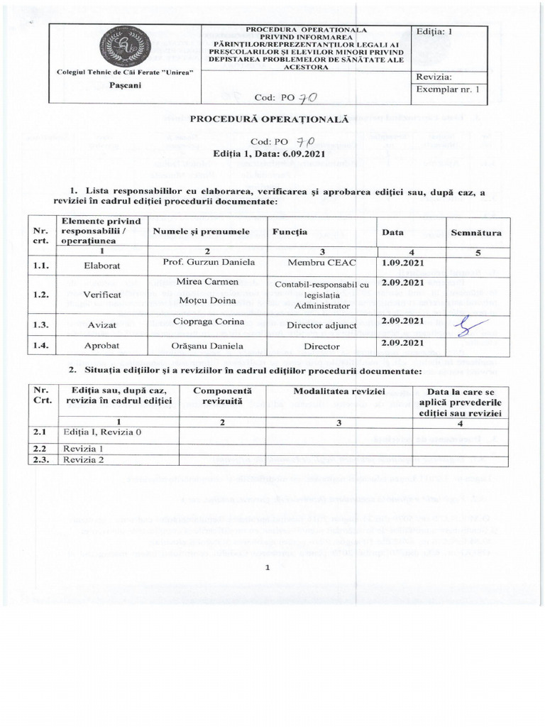 Procedura operațională privind informarea părinților despre problemele ...
