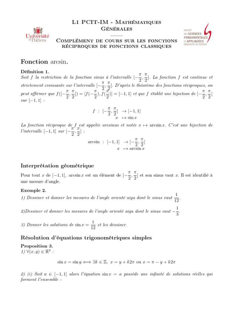 Fonctions Arcsin et Arccos : Cours Complet | PDF | Fonction ...