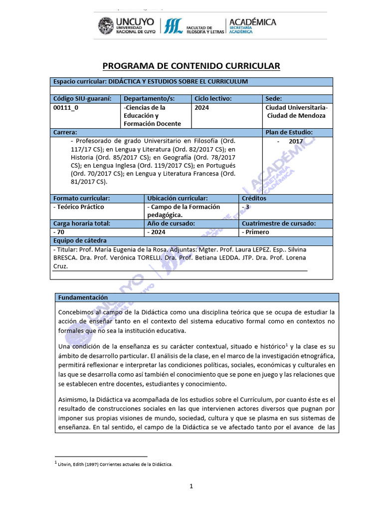 Didáctica y Currículum: Formación Docente 2024 | PDF | Plan de estudios ...