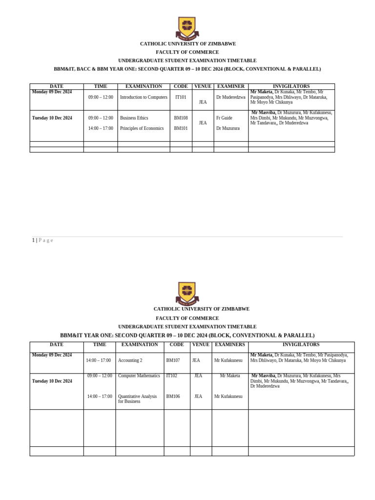 CUZ Undergraduate Exam Timetable 2024 | PDF | Business | Economies