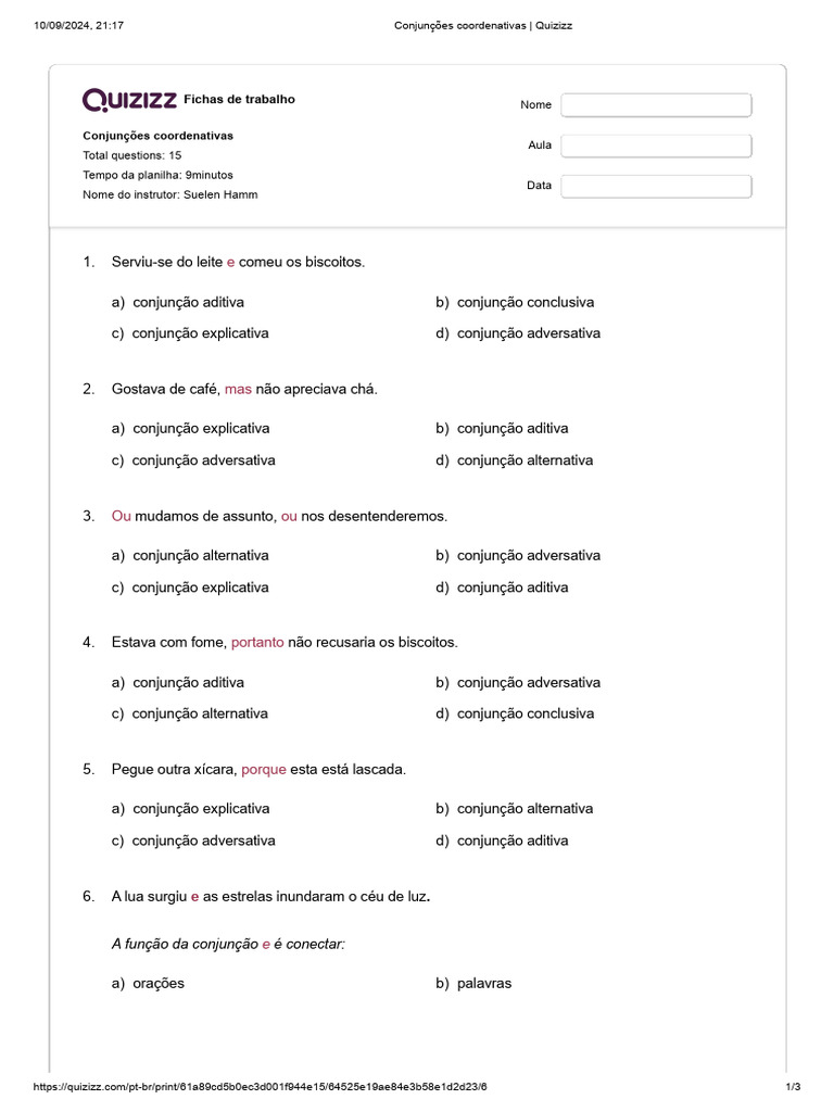 Exercícios sobre Conjunções Coordenativas | PDF