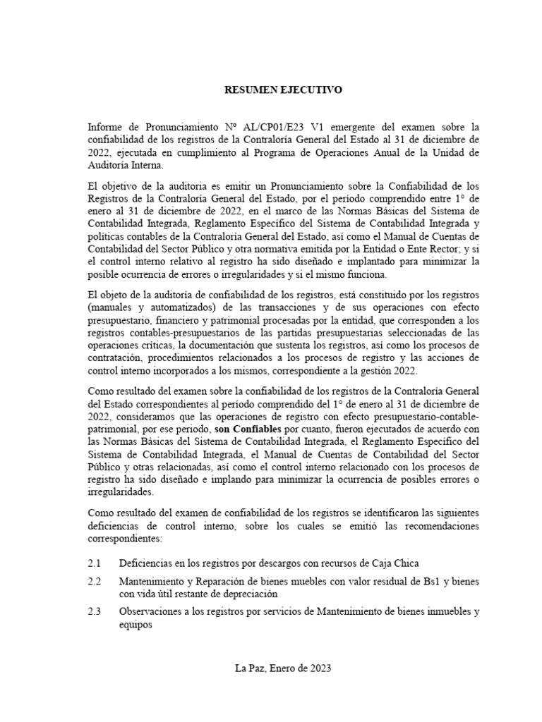 Resumen Ejecutivo Informe Alcp01e23v1 | PDF | Contabilidad | Auditoría